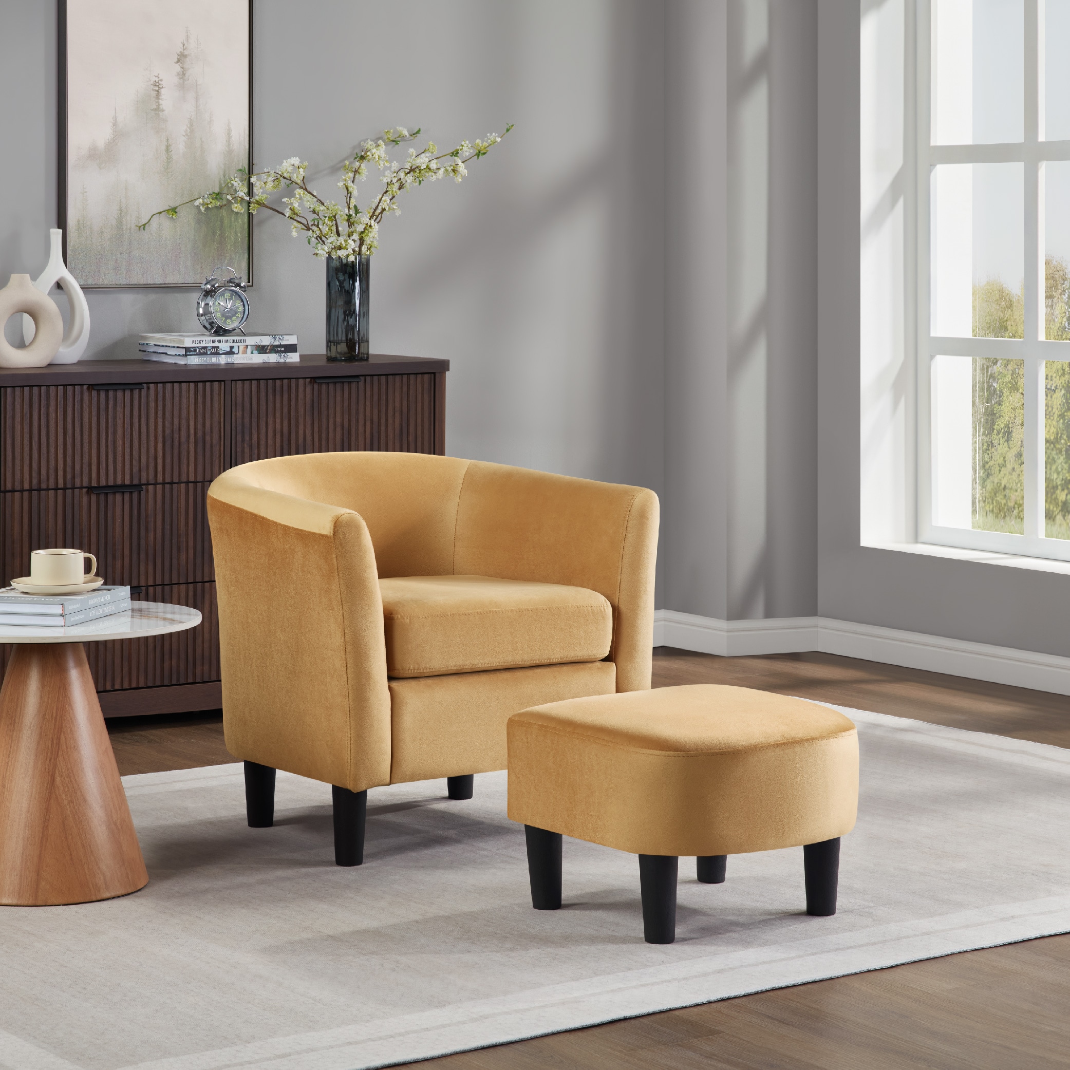 Velvet Accent Chair With Ottoman, Modern Barrel Chair Armchair For Living Room, Bedroom, Yellow_maomaolike.com